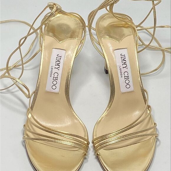 Jimmy Choo Antia Metallic Leather Ankle-Tie Sandals size 37.5 - Picture 8 of 12